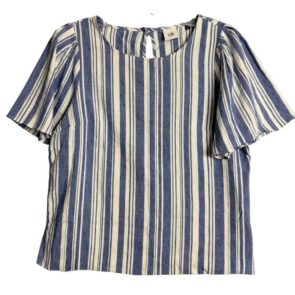 Cabi Nautical Stripe Top Womens S Blue White Puff Sleeve Preppy Beach - Picture 1 of 9